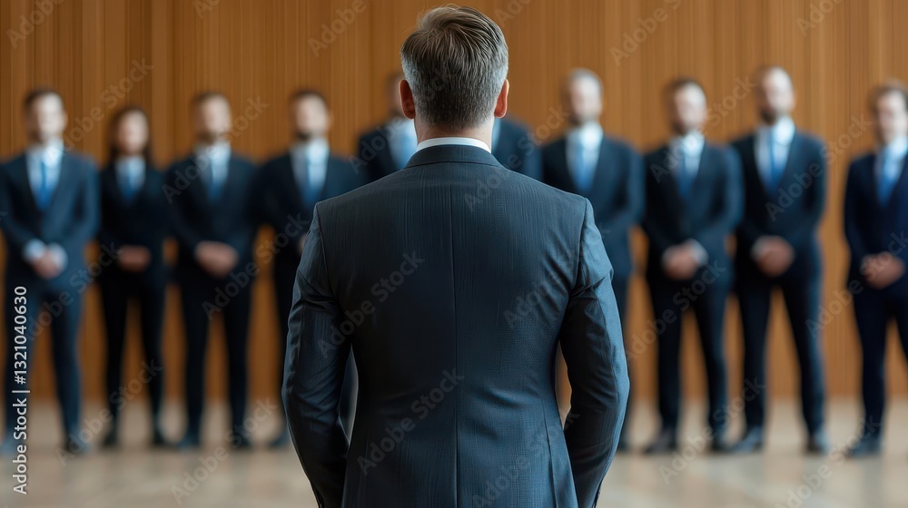 Poster Confident man in a formal suit addressing a group of men in a professional setting with engaging body language and gestures