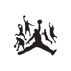 Silhouettes of people jumping in various sports and activities like soccer, basketball, and dance in a vector style