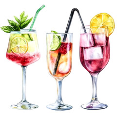 Refreshing Summer Cocktails Watercolor Painting Three vibrant drinks lemon lime raspberry mint