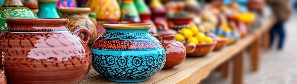 Poster Vibrant table displayed with an array of colorful vases showcasing artistic designs and styles in a bright setting