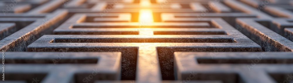 Poster scenic sunset casting a warm glow over a complex maze landscape creating a stunning contrast of ligh