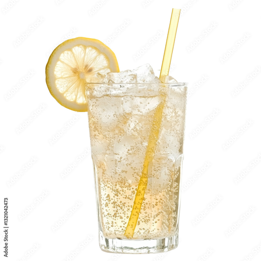 Poster refreshing lemon soda with ice and slice of lemon, served in tall glass. perfect for hot days, this 