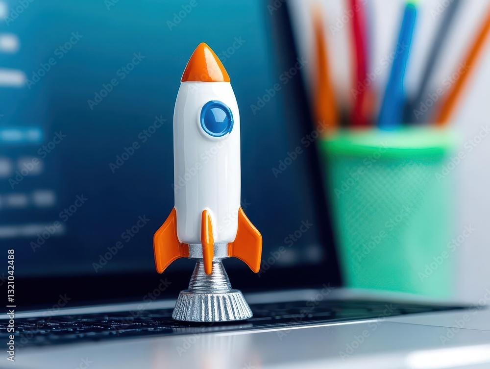 Poster futuristic rocket model displayed on a laptop screen representing innovation, technology, and space 