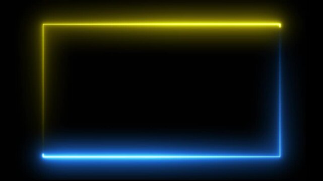 Yellow and blue color neon glow flowing rectangle animation. neon glowing rectangle frame animation. blue and yellow rectangle glow border, neon seamless spectrum looped rectangle animation with alpha