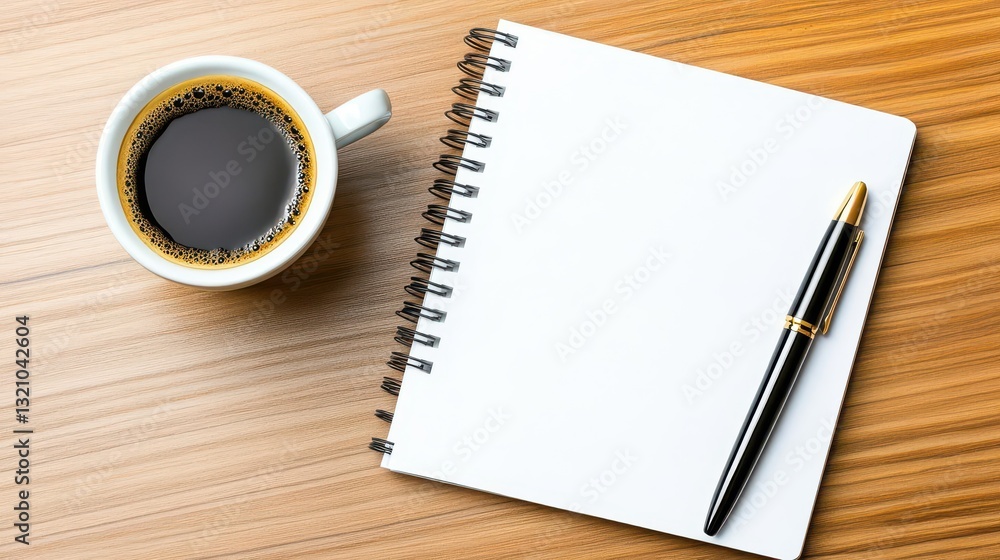 Poster cozy coffee cup resting next to an open notepad on a simple desk perfect for writing and creative in