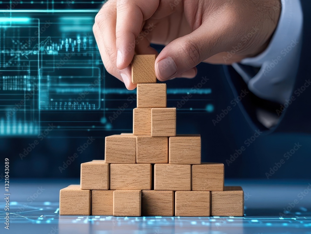 Aufkleber Hand skillfully placing a wooden block on top of a stack of blocks demonstrating focus and precision in a creative activity