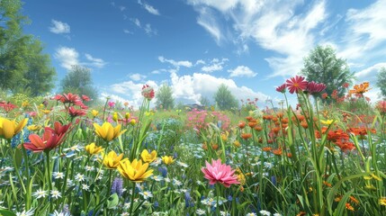 Colorful meadow flowers under a vibrant sky