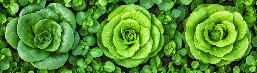 Fototapeta premium Three vibrant green lettuce heads arranged neatly, surrounded by lush green leaves, showcasing freshness and vitality.