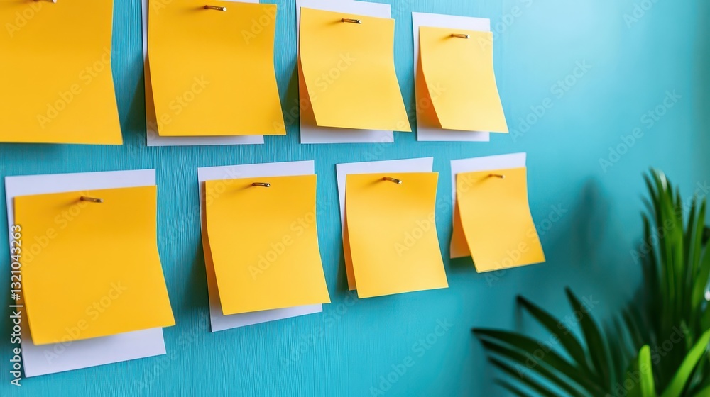 Poster Colorful sticky notes pinned on a wall creating an organized and creative workspace for ideas and brainstorming sessions