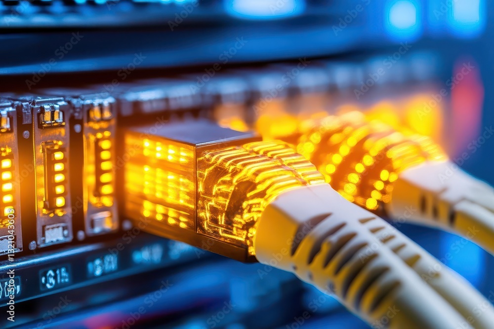 Poster Close-up view of a network cable with clear connectors on both ends highlighting connectivity in modern technology applications