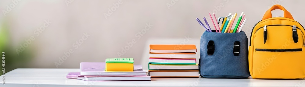 Poster Stack of colorful books resting next to a stylish backpack in a cozy environment perfect for study or leisure reading