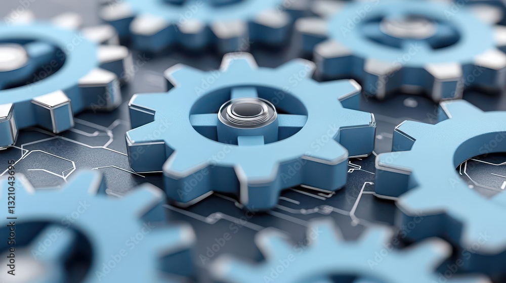 Fototapete intricate group of blue gears interlocking together symbolizing mechanism and engineering in a creat