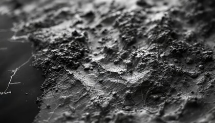 Monochrome relief map showcases intricate mountainous topography and geographical details