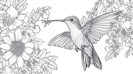 Hummingbird feeding on flowers, garden, nature, line art, coloring page (1)