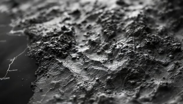 Monochrome relief map showcases intricate mountainous topography and geographical details