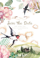 Flowers and birds watercolor greeting card template. Peonies and swallows spring landscape