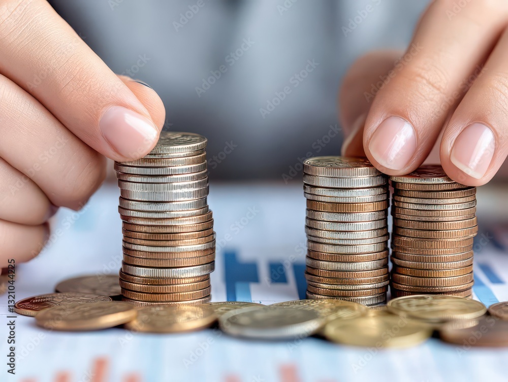 Poster a person intently placing coins into a piggy bank representing saving money and financial responsibi