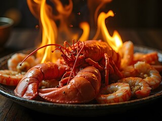 Exotic Seafood Platter with Fire Show: A vibrant seafood platter featuring fresh lobster, scallops, and shrimp, served with a dazzling flame effect.
