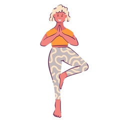 Yoga meditation in Tree pose of cartoon woman. Funny yogini standing in Vrikshasana to practice tranquil pranayama. Yoga asana, retreat mascot, cartoon cute balance posture vector illustration