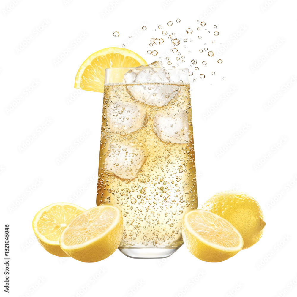 Poster Refreshing lemonade with ice and lemon slices, perfect for summer