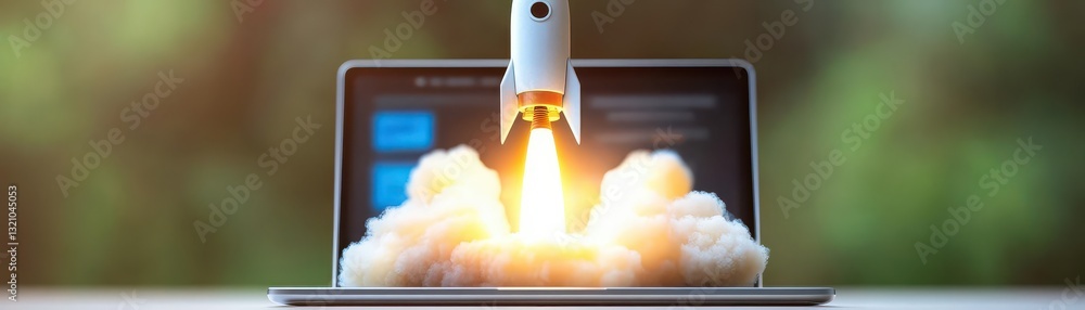 Poster Dynamic scene of a rocket launching from a laptop screen representing the intersection of technology and space exploration