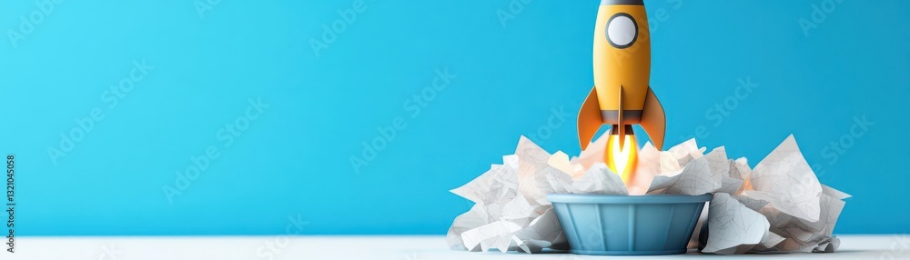 Poster creative illustration of a rocket launching out of a paper cup symbolizing innovation and imaginatio