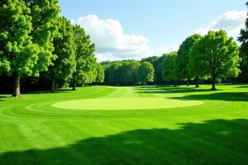 Fototapeta premium Lush green golf course putting green, perfectly manicured , sport, nature