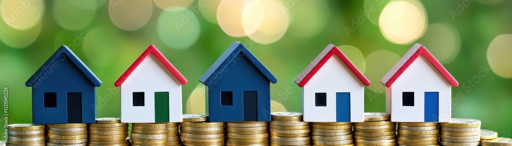 Poster row of colorful houses on top of stacked coins representing financial growth and stability in real e