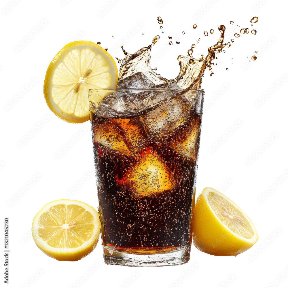 Aufkleber refreshing drink with ice and lemon slices splashing in glass. perfect for summer enjoyment