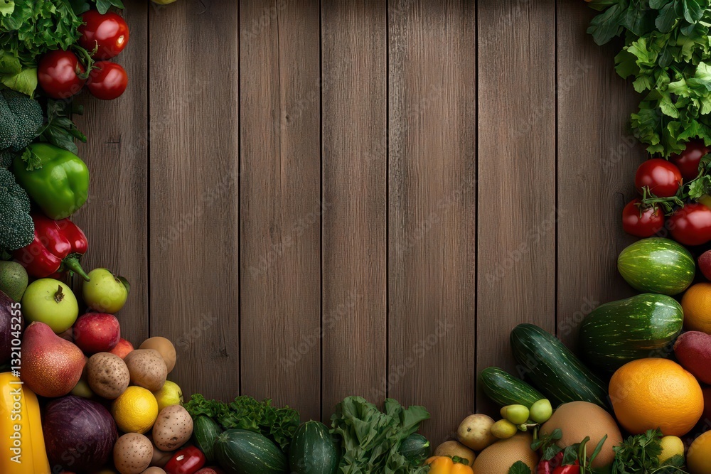 Poster A beautiful wooden background displaying an array of fresh fruits and vegetables highlighting nature's abundance