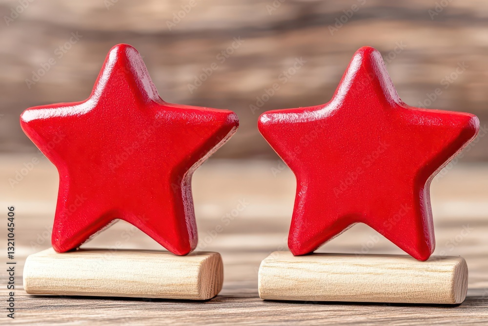 Poster Two red stars placed on a wooden block creating a rustic and charming decorative element for home or event