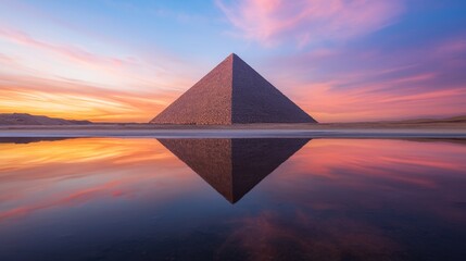 Ethereal Desert Dreamland, Captivating Glass Pyramid Half-Buried in Sand Reflecting Endless Sunset Glow - Surreal Desert Architecture Concept