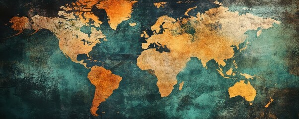 Aged world map on rustic background with vintage earth tones and textured surface