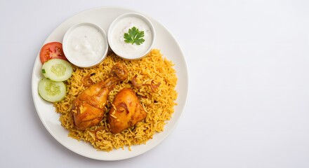 Chicken Biryani with Raita and Vegetables on a Plate, Plain White Background, HD Minimal PNG Style
