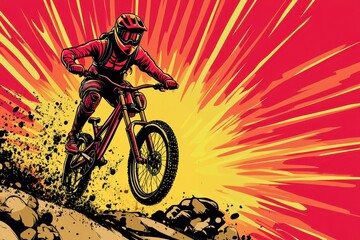 Mountain Biker in Action with Explosive Background Energy