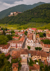 Obraz premium Aerial Perspective of Cison di Valmarino: Church and Village Detail