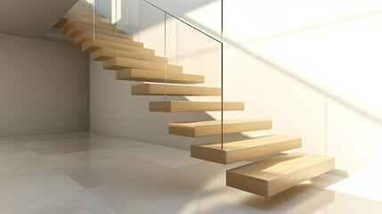 A clean photo of a contemporary staircase with floating wooden steps and glass railings. picture