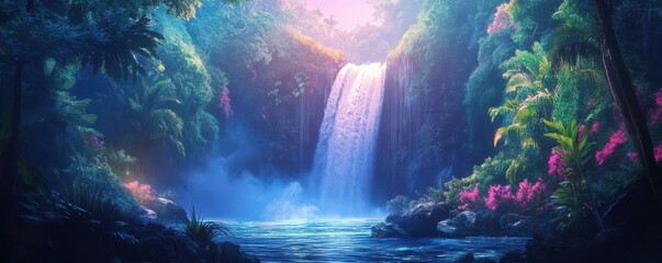 Serene tropical waterfall surrounded by vibrant greenery and colorful flowers in lush forest