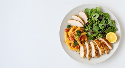 Top-Down View of a Right-Aligned Plate Showcasing a Well-Balanced Meal with Chicken, Pasta, Fresh Vegetables, and a Side Salad
