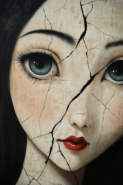 Close-up of a doll-like face with cracked surface and large blue eyes on an artistic background