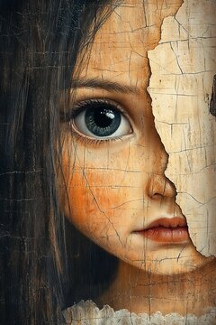 Close-up of a doll-like girl with striking blue eye peeking through a cracked wooden surface