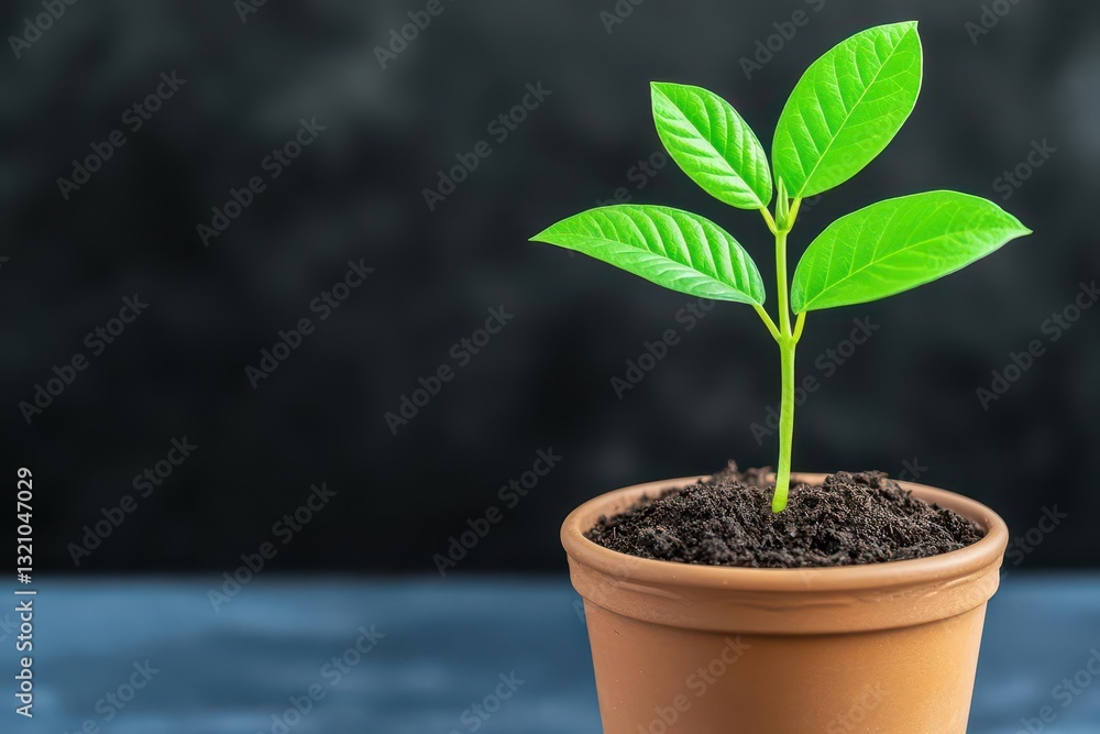Poster a green plant growing strongly in a small pot with soil placed on a brightly lit windowsill with nat