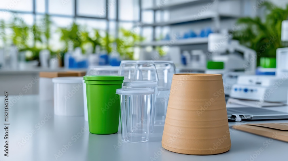 Poster A lab table filled with a variety of transparent plastic cups in different colors ready for experiments and learning