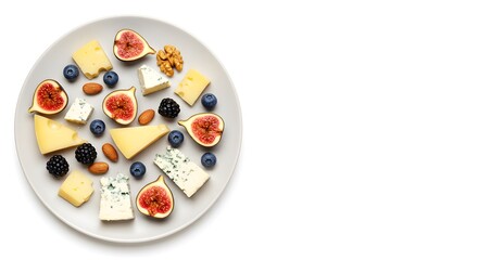 Cheese and Fruit Plate with Various Cheeses, Fruits, and Nuts on Plain White Background, HD Minimal Style