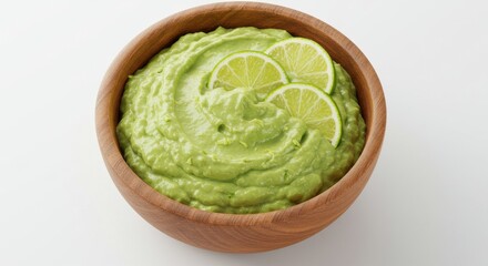 Creamy avocado dip with lime slices in a wooden bowl on a clean surface