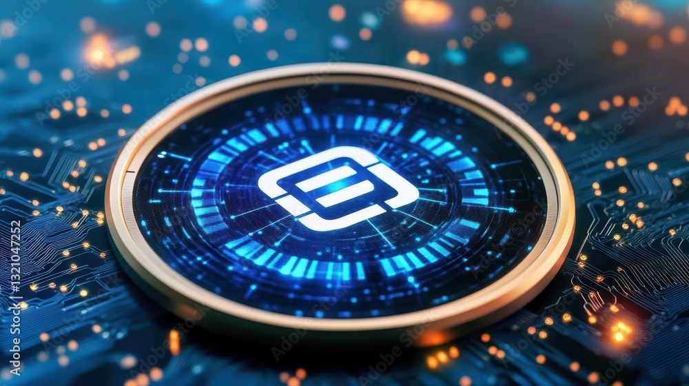 Aufkleber Cryptocurrency coin resting on circuit board illustrating the intersection of finance and technology in digital assets
