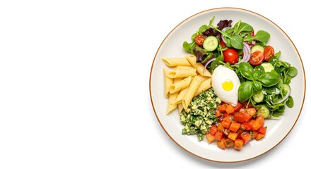 Balanced Meal Plate with Pasta, Vegetables, Chicken, and Sauce on Plain White Background, HD Minimal Style
