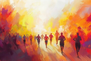 Abstract Colorful Running Figures in a Vibrant Landscape
