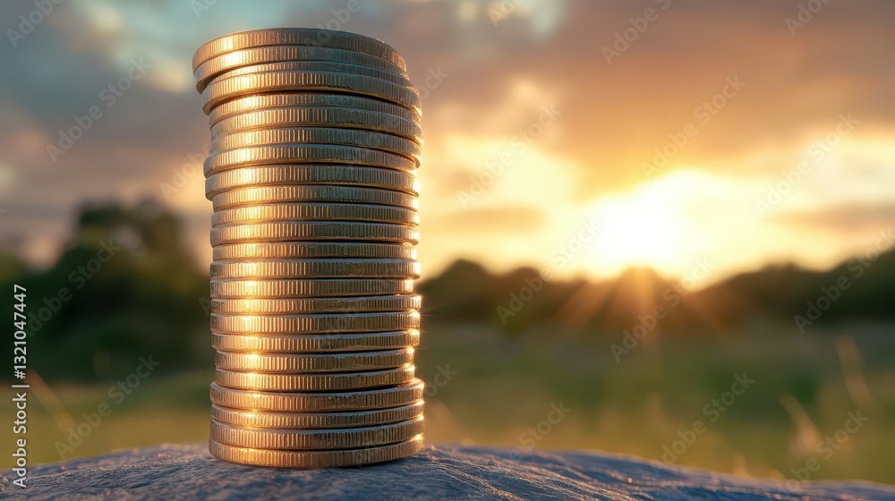 Poster close-up view of a neatly stacked pile of coins highlighting financial investments and the importanc