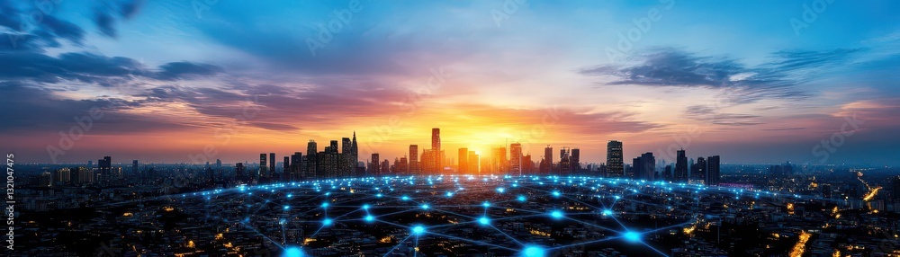 Poster futuristic city with complex network overlay representing connectivity and technology in a modern ur